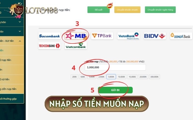 Sau khi đã chọn ngân hàng hãy hoàn tất bằng cách click mục nạp tiền