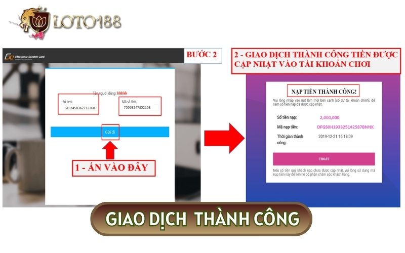 Sau khi giao dịch hệ thống sẽ thông báo thành công trên màn hình