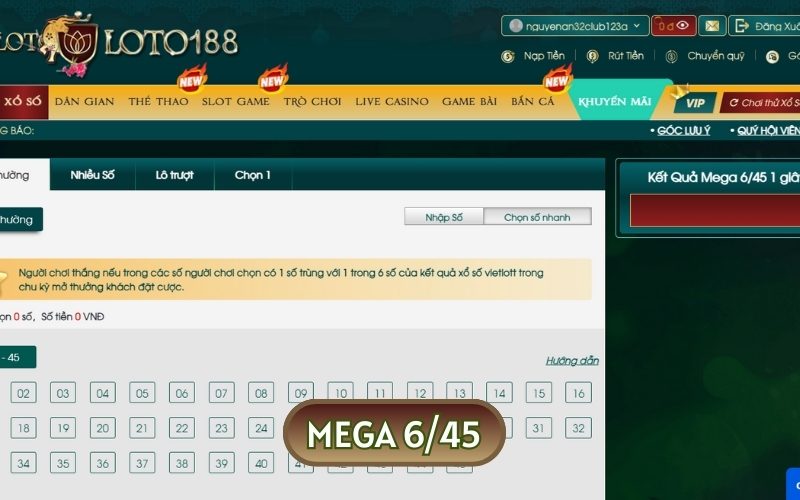 Mega 6/45 là loại hình giải trí có sức hút mạnh mẽ tại LOTO188